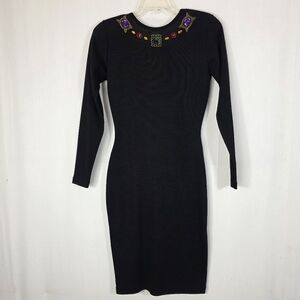 Vtg 80s Fusion Jeweled Bodycon Sweater Dress Wool Blend Cross Deep V Back